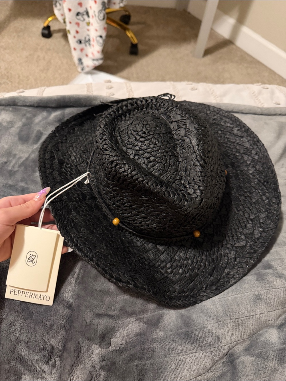 Peppermayo Black Woven Straw Fedora with Wooden Bead Detail